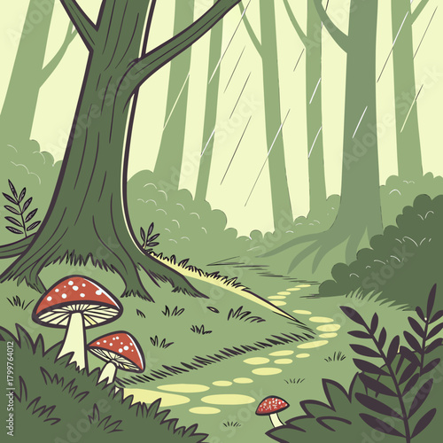 Enchanted forest path with red cap mushrooms and gentle rain