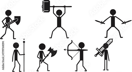 Dynamic stick figures showcase diverse warrior archetypes ready for epic adventures and fantasy quests