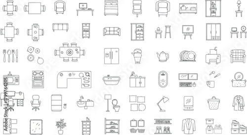 Collection of handdrawn furniture icons and architectural elements isolated on