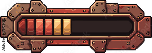 Steampunk industrial progress bar interface element with metallic rivets and segmented indicators