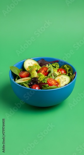 A vibrant blue bowl filled with fresh mixed salad ingredients including cherry tomatoes, cucumber slices, lettuce, and spinach against a bright green background