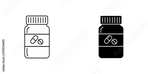 Pills bottle icon in black and white, representing medication, treatment, and healthcare isolated on