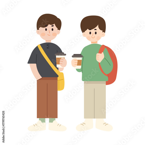 Flat cartoon illustration of a young man with coffee. Morning coffee and working space concept. Flat cartoon character vector illustration