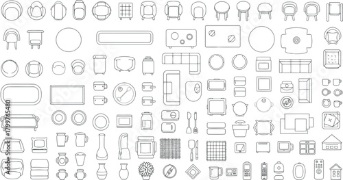 Assortment of topdown furniture icons and architectural symbols, isolated on