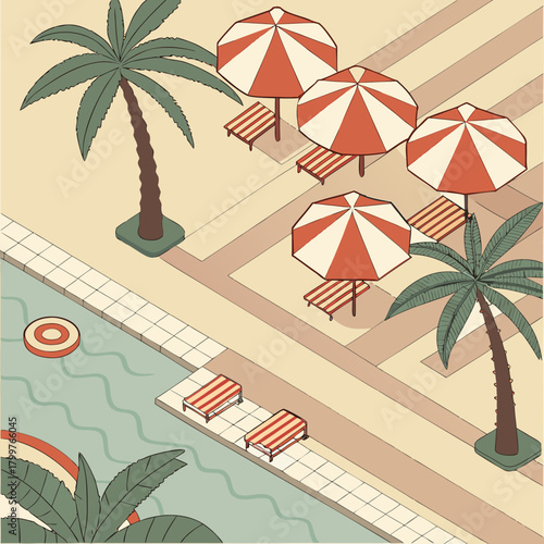 Retro isometric poolside scene with palm trees and umbrellas