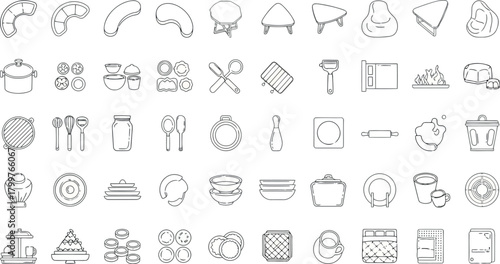 Variety of food and kitchen utensil icons in a sketch style, isolated on