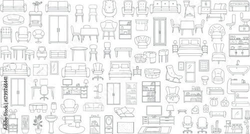 Assortment of sketched furniture and home decor items, isolated on
