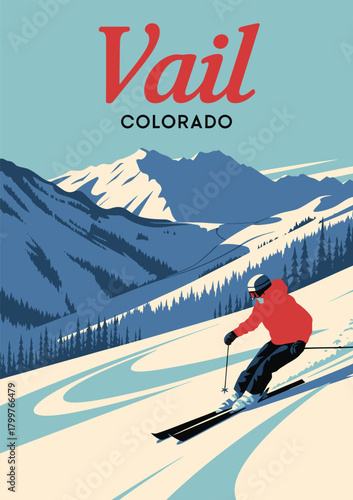 Vail Ski Resort Colorado Travel Poster – Vintage Vector Illustration, Mountain Landscape, Winter Sports Destination, Ski Resort Artwork, Alpine Scenery, Snowy Peaks, Travel and Tourism Poster Design