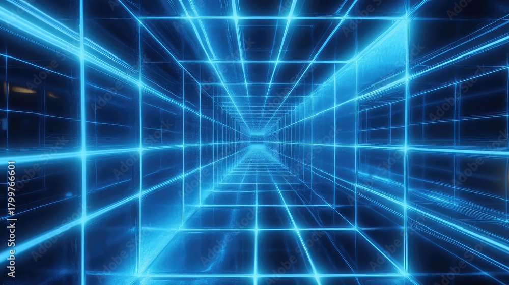 Naklejka premium Blue glowing grid tunnel creating futuristic technology concept
