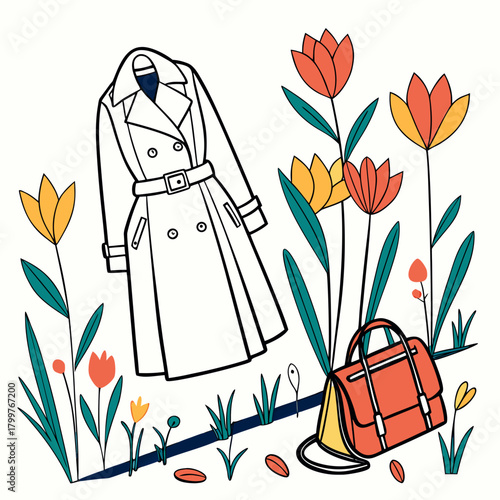 Spring fashion illustration trench coat bag and flowers