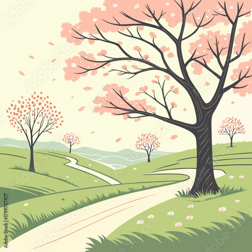Serene spring landscape with blooming cherry trees and winding path