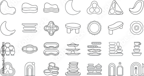 Group of simple line drawings representing tableware and kitchenware, isolated on