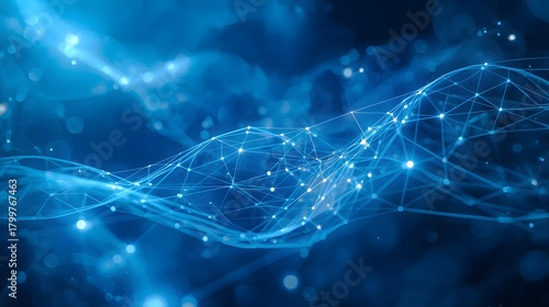 Futuristic blue digital waves with glowing particles and data flow on dark background, abstract technology motion background with copy space