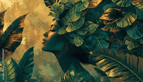  Surreal portrait of a woman with tropical leaf headdress, nature goddess profile in teal and gold botanical art
