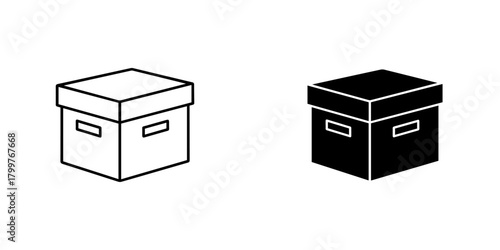 Illustration of a cardboard box with a lid, shown in both outline and solid black, isolated on