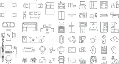 Set of various furniture icons and symbols for interior design and architectural planning, isolated on