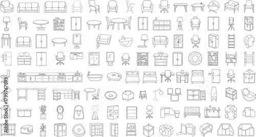 Collection of handdrawn furniture icons isolated on