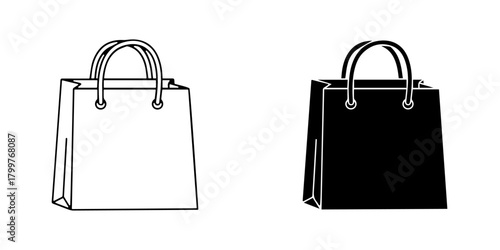 Illustration of a shopping bag with handles, shown in both outline and solid black, isolated on