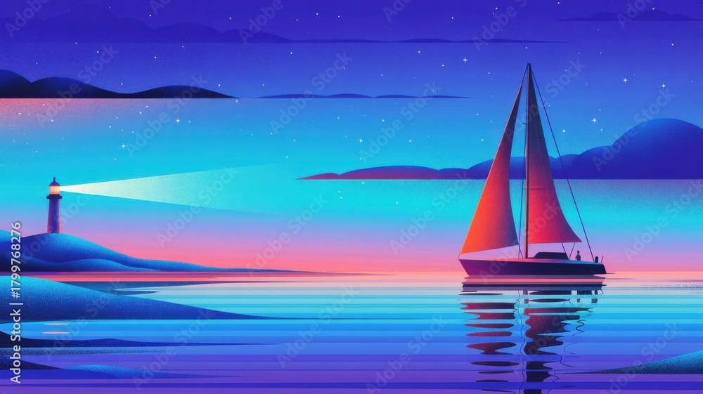 Naklejka premium Sailboat gliding peacefully under starry skies, lighthouse guiding the way - a tranquil escape into a dreamlike seascape with calming vibes