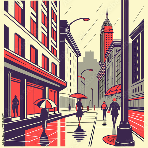 Stylized city street scene with people and umbrellas in the rain