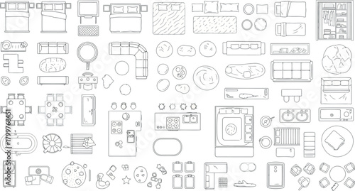 Assortment of topdown furniture and room layout elements, isolated on