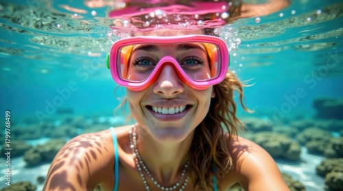 Fototapeta Naklejka Na Ścianę i Meble -  Underwater selfie smiling woman swim goggles snorkeling clear water coral reef tropical sea summer vacation marine life adventure 
