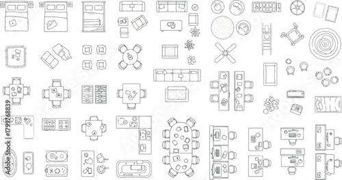 Assortment of topdown architectural drawings of home furniture and decor, isolated on
