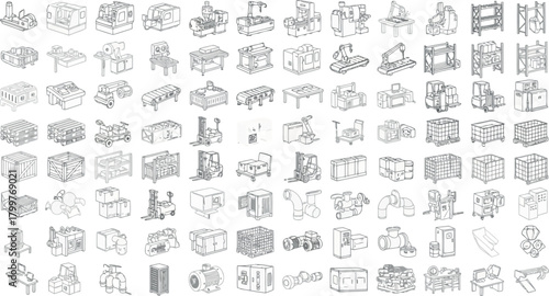 Collection of industrial machinery and equipment sketches, isolated on