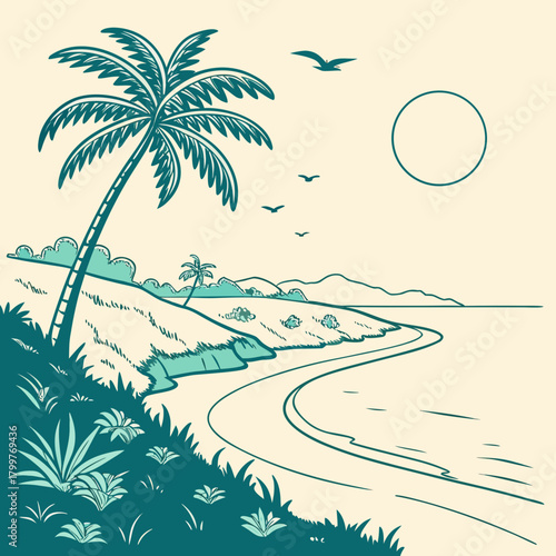 Stylized tropical beach scene with palm tree and ocean view