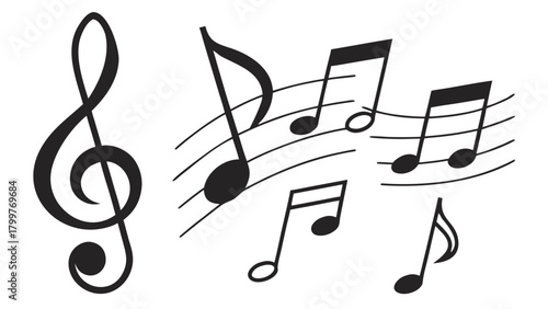 Illustration of a treble clef and various musical notes arranged on a staff in black and white style vreated with genrated ai