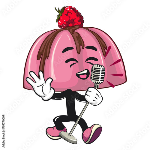 cute pink jelly dessert mascot cartoon vector food illustration, adorable raspberry pudding character with Chocolate Topping sing with maximum style, work of hand drawn