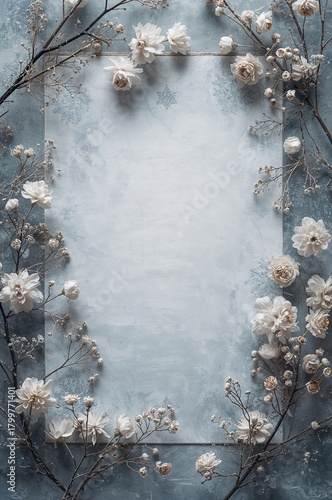 Frozen Botanical Winter Frame with White Flowers and Vintage Paper Texture Background. Winter Template