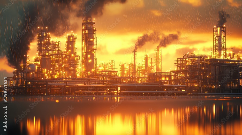 Fototapeta premium Oil refinery industry with smoke polluting atmosphere during rain at sunset
