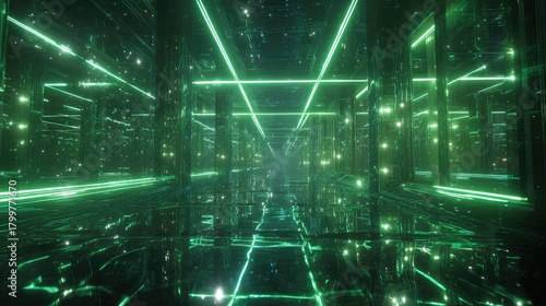 Fototapeta Naklejka Na Ścianę i Meble -  Glowing green neon light tunnel with reflections