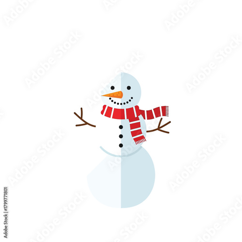 Flat snowman with a carrot nose and a scarf, isolated on a white background. Vector Illustration
