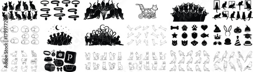 Silhouettes and line art of cats and other animals
