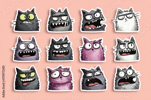 Cartoon cat stickers with different funny and anxious facial expressions