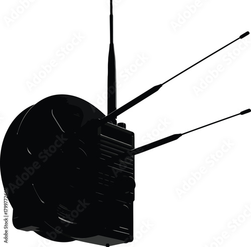 Vintage black walkie talkie with dual antennas broadcasting signals, evoking retro communication and espionage themes for nostalgic storytelling and broadcast media projects.