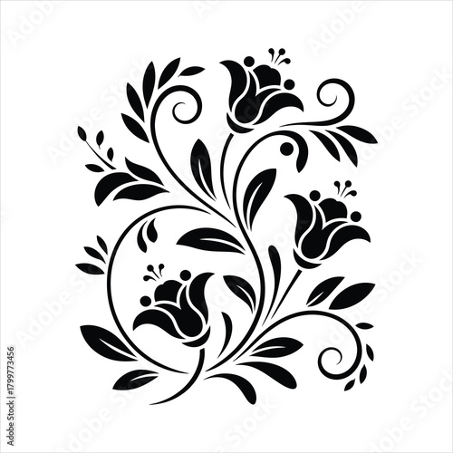 Black flower blooms with curved leaves compose a decorative design against a transparent backdrop