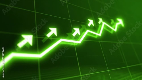 Green glowing upward trend with arrowheads animating on chart, symbolizing growth and progress in