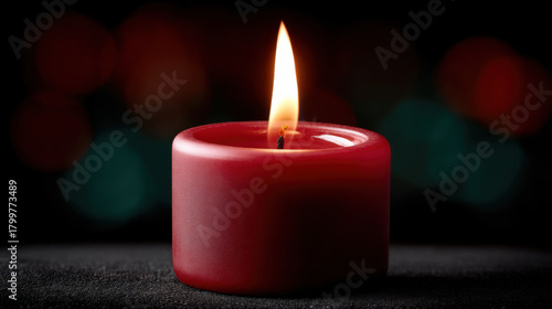 Glowing red candle with warm flame creates cozy ambiance, perfect for Christmas and New Year celebrations