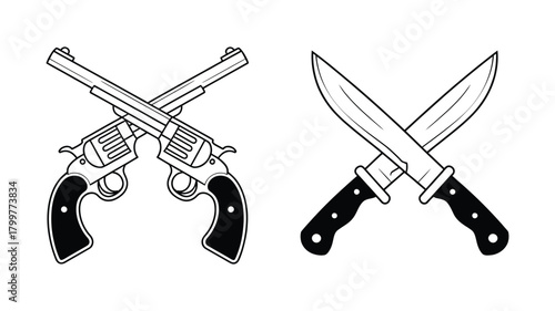 Crossed revolvers and knives vector illustration, classic weapon symbols for wild west, gangster, or defense themes, isolated