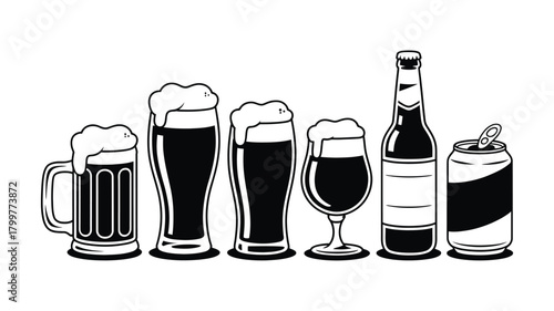 Lineup of beer vessels, mug, pint glasses, tulip glass, bottle, and can, filled with frothy brew in a clean black and white vector illustration.