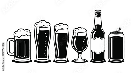Monochromatic vector illustration featuring an array of beer containers: mug, glasses, bottle, and can, all with foamy craft beer