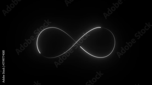 Glowing white neon infinity symbol animation on black background, seamless loop clipart footage for modern design