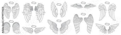 Hand drawn angel wings doodle set with halos, featuring various feathered wing outlines in linear style for creative design, tattoo, or decoration concepts, isolated vector illustration