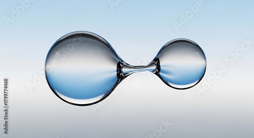Abstract representation of a diatomic molecule formed by two merging liquid drops against a blue gradient background.