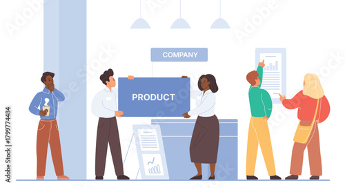 People attending a business exhibition interact with company representatives, view product presentations, and analyze information, isolated on white background vector illustration