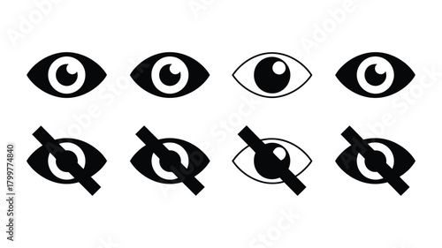 Set of eye icons symbolizing visibility and invisibility. open eyes for view, show, unhide. slashed eyes for hidden, private, invisible states.