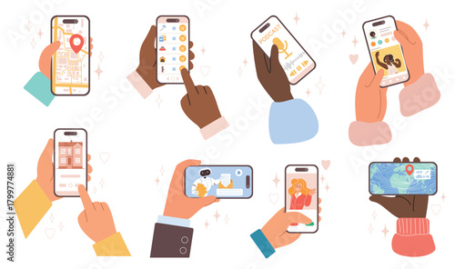 Diverse hands holding smartphones displaying maps, podcasts, chats, video calls, social media, representing modern mobile communication technology use isolated on white background vector illustration